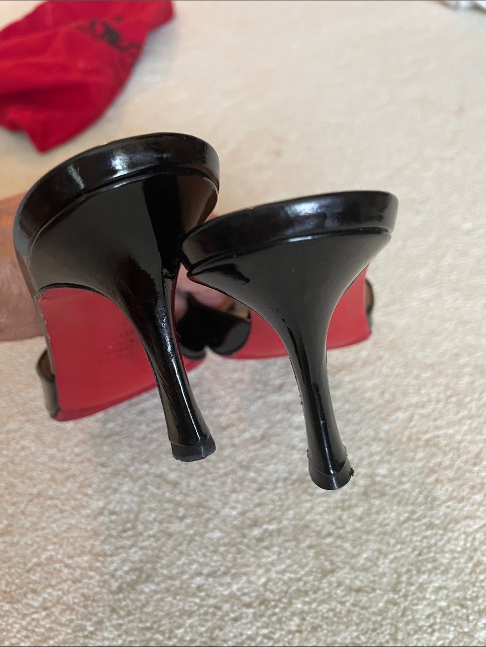 Black Patent Bow Peep-Toe Mules with red soles - Picture 4 of 5
